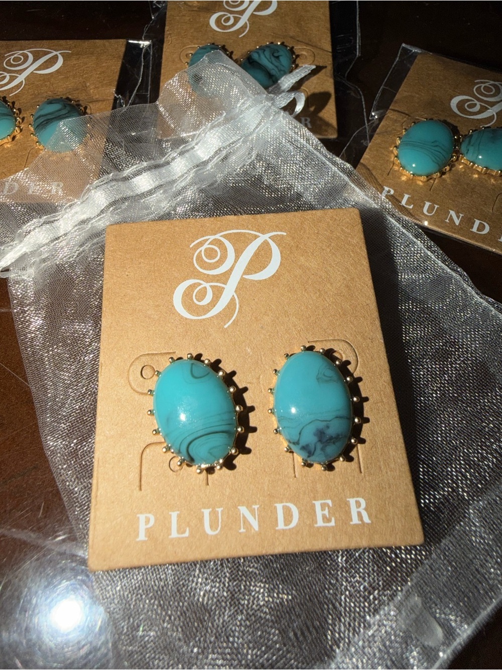 Plunder Turquoise Teal Marbled Oval Stud Earrings in Gold - Picture 4 of 4